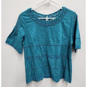 Ella Moon Womens BOHO Top Size Medium Teal Lace Detail Pintucked Short Sleeve